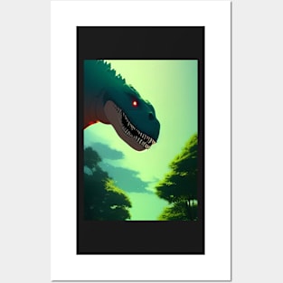 SCARY GREEN DINOSAUR IN THE TREES Posters and Art